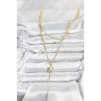 BUĞZ Pirinç Gold Renk Zirkon Taşlı Güneş Model Detaylı 3lü Kombin Y Kadın Kolye - Lisinya