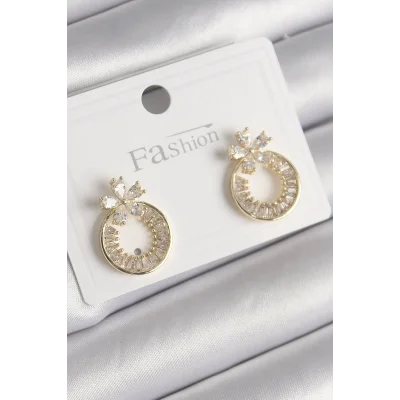 BUĞZ Pirinç Gold Renk Zirkon Taşlı Halka Model Çiçek Figür Kadın Küpe