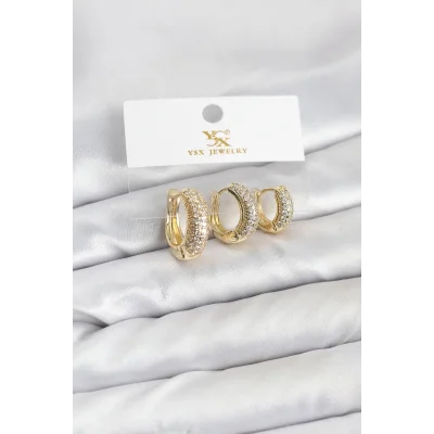 BUĞZ Pirinç Gold Renk Zirkon Taşlı Halka Model YSX Trio Küpe Seti