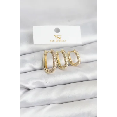 BUĞZ Pirinç Gold Renk Zirkon Taşlı Halka Model YSX Trio Küpe Seti