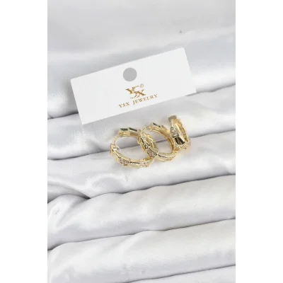 BUĞZ Pirinç Gold Renk Zirkon Taşlı Halka Yılan Model YSX Trio Küpe Seti