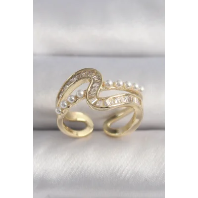 BUĞZ Pirinç Gold Renk Zirkon Taşlı İnci Detay VIP Seri Kadın Yüzük