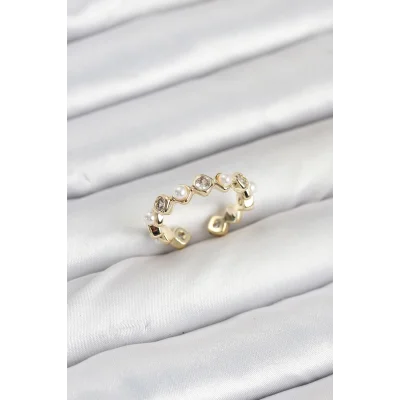 BUĞZ Pirinç Gold Renk Zirkon Taşlı İncili Kadın Yüzük