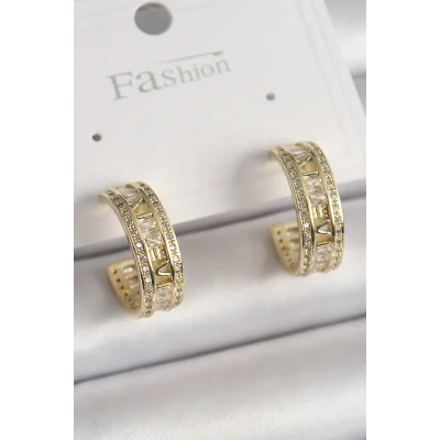 BUĞZ Pirinç Gold Renk Zirkon Taşlı İşleme Detay Halka Model Kadın Küpe