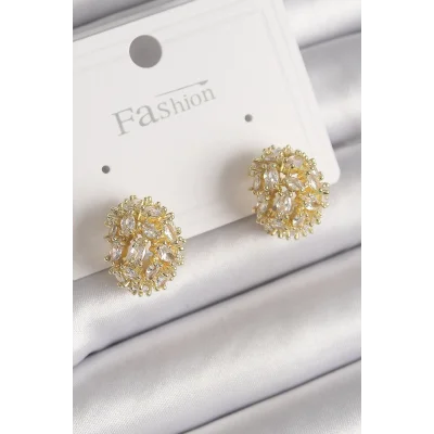 BUĞZ Pirinç Gold Renk Zirkon Taşlı Kadın Küpe