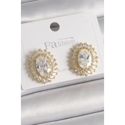 BUĞZ Pirinç Gold Renk Zirkon Taşlı Kadın Küpe