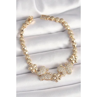 BUĞZ Pirinç Gold Renk Zirkon Taşlı Kelebek Figür Çiçek Zincir Model Kadın Bileklik