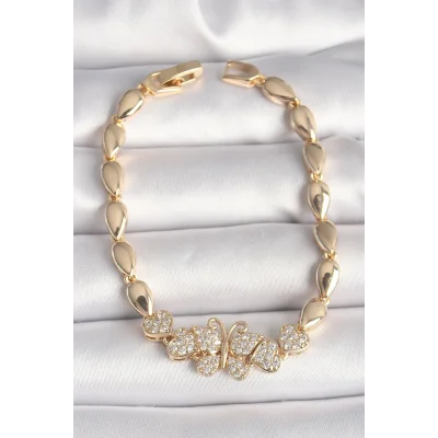 BUĞZ Pirinç Gold Renk Zirkon Taşlı Kelebek Figür Damla Zincir Model Kadın Bileklik