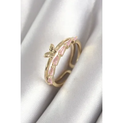 BUĞZ Pirinç Gold Renk Zirkon Taşlı Kelebek Figür Kadın Yüzük
