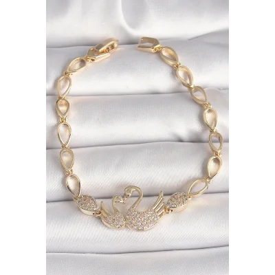 BUĞZ Pirinç Gold Renk Zirkon Taşlı Kuğu Figür Damla Zincir Model Kadın Bileklik
