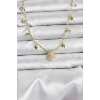 BUĞZ Pirinç Gold Renk Zirkon Taşlı Kutup Yıldızı Model Kadın Kolye