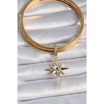 BUĞZ Pirinç Gold Renk Zirkon Taşlı Kutup Yıldızı Nazar Boncuk Detay Ajda Charm - Lisinya