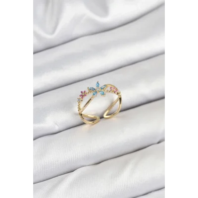 BUĞZ Pirinç Gold Renk Zirkon Taşlı Mavi Çiçekli Kadın Yüzük