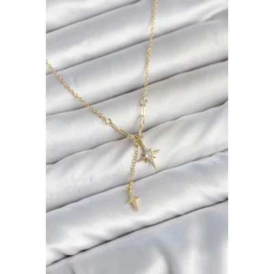 BUĞZ Pirinç Gold Renk Zirkon Taşlı Minimal Sallantılı Kutup Yıldızı Model Kadın Kolye