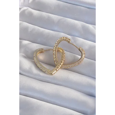 BUĞZ Pirinç Gold Renk Zirkon Taşlı Motifli Kalp Küpe - Lisinya
