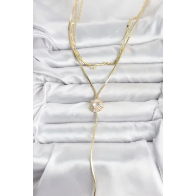 BUĞZ Pirinç Gold Renk Zirkon Taşlı Papatya Model Detaylı 3lü Kombin Y Kadın Kolye - Lisinya