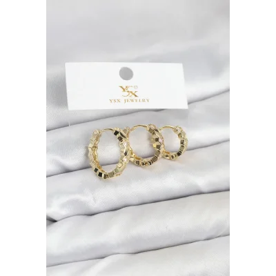 BUĞZ Pirinç Gold Renk Zirkon Taşlı Petek Halka Model YSX Trio Küpe Seti