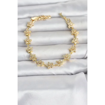 BUĞZ Pirinç Gold Renk Zirkon Taşlı Sıralı Yıldız Model Kadın Bileklik