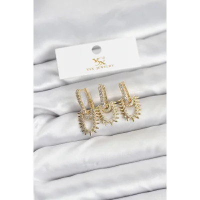 BUĞZ Pirinç Gold Renk Zirkon Taşlı Vintage Model YSX Trio Küpe Seti