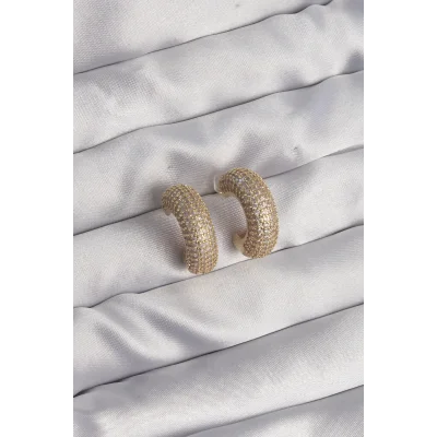 BUĞZ Pirinç Gold Renk Zirkon Taşlı Yarım Halka Küpe - Lisinya