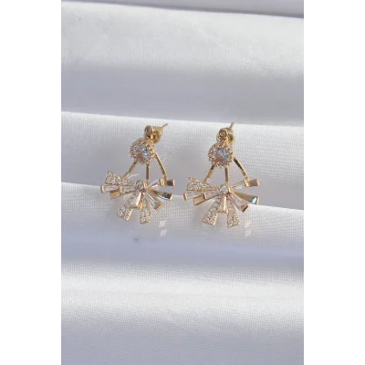 BUĞZ Pirinç Gold Renk Zirkon Taşlı Yassı Fiyonk Model Küpe - Lisinya