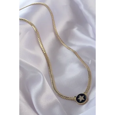 BUĞZ Pirinç Gold Renk Zirkon Taşlı Yıldız Model Siyah Mineli Ezme Zincirli Serenay Kolyesi - Lisinya