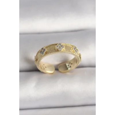 BUĞZ Pirinç Gold Renk Zirkon Taşlı Yonca İşlemeli Ayarlanabilir Yüzük