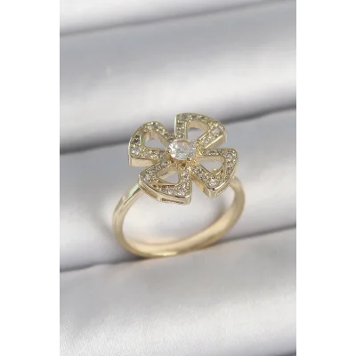 BUĞZ Pirinç Gold Renk Zirkon Taşlı Yonca Model Ayarlanabilir Kadın Yüzük