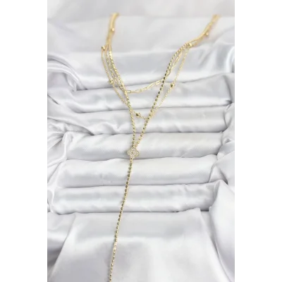 BUĞZ Pirinç Gold Renk Zirkon Taşlı Yonca Model Detaylı 3lü Kombin Y Kadın Kolye - Lisinya