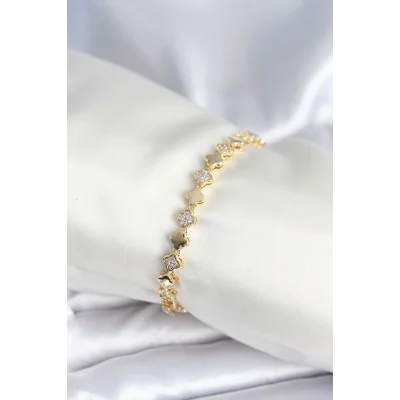 BUĞZ Pirinç Gold Renk Zirkon Taşlı Yonca Model Kadın Bileklik