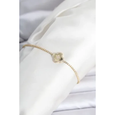BUĞZ Pirinç Gold Renk Zirkon Taşlı Yonca Model Su Yolu Kadın Bileklik