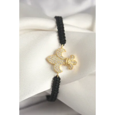 BUĞZ Pirinç Gold Renk Zirkon Taşlı Zambak Figür Asansörlü Makrome Model Kadın Bileklik