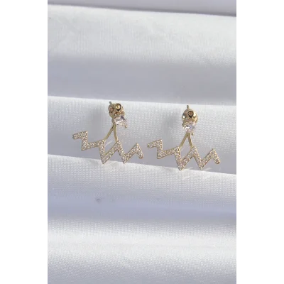 BUĞZ Pirinç Gold Renk Zirkon Taşlı Zikzak Küpe - Lisinya