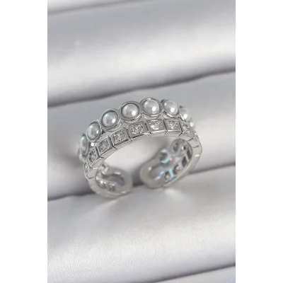 BUĞZ Pirinç Gümüş Renk 2Li Sıra Zirkon Taşlı Ve İncili Ayarlanabilir Kadın Yüzük