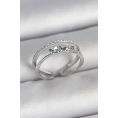 BUĞZ Pirinç Gümüş Renk 2Li Zirkon Taş Detaylı Kelebek Figür Ayarlanabilir Model Kadın Yüzük