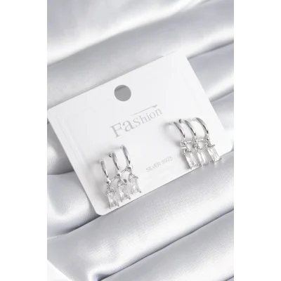 BUĞZ Pirinç Gümüş Renk 3lü Sallantı Zirkon Taşlı Küpe