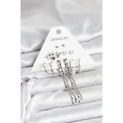 BUĞZ Pirinç Gümüş Renk 6 Çift Kadın Küpe