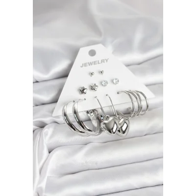 BUĞZ Pirinç Gümüş Renk 6 Çift Kadın Küpe Seti