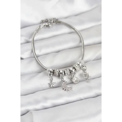 BUĞZ Pirinç Gümüş Renk Ay Charm Model Charmlı Kadın Bileklik