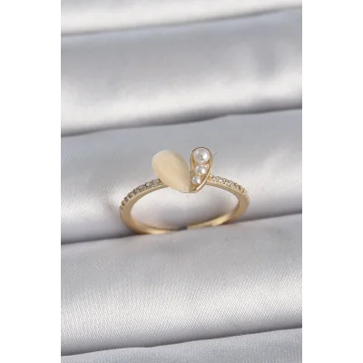 BUĞZ Pirinç Gümüş Renk Ayarlanabilir Zirkon Taşlı Beyaz Mineli Kalp Model Kadın Yüzük