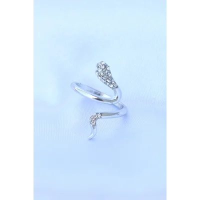 BUĞZ Pirinç Gümüş Renk Ayarlanabilir Zirkon Taşlı Yılan Yüzük - Lisinya