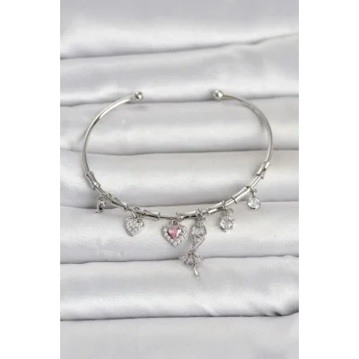 BUĞZ Pirinç Gümüş Renk Balerin Detay Charmlı Kadın Bileklik