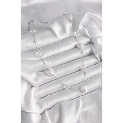 BUĞZ Pirinç Gümüş Renk Beyaz İnci Kalp Model Kadın Kolye - Lisinya