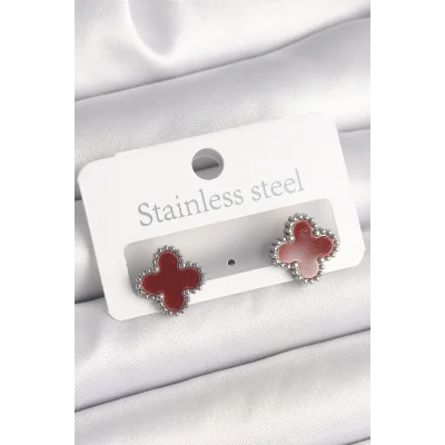 BUĞZ Pirinç Gümüş Renk Bordo Yonca Model Kadın Küpe