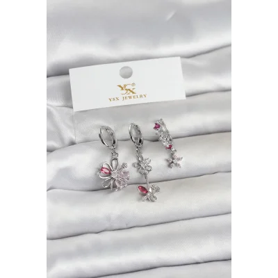 BUĞZ Pirinç Gümüş Renk Çiçek Model 3lü Kadın Küpe