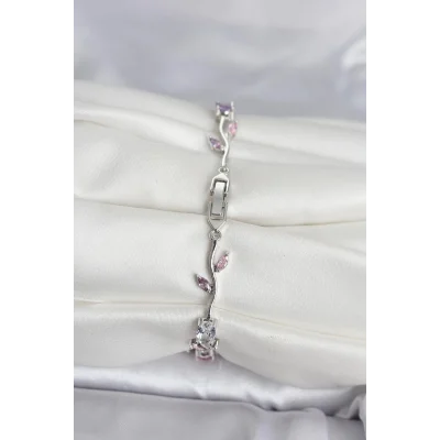 BUĞZ Pirinç Gümüş Renk Çiçek Sarmaşık Model Kadın Bileklik - BUĞZ