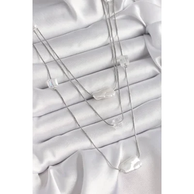 BUĞZ Pirinç Gümüş Renk Ezme İnci Model Çoklu Kadın Kolye