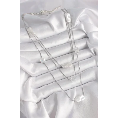 BUĞZ Pirinç Gümüş Renk Ezme İnci Model Çoklu Kadın Kolye - Lisinya