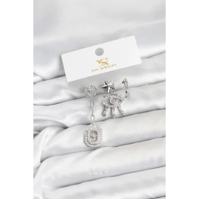 BUĞZ Pirinç Gümüş Renk Göz ve Kutup Yıldızı Model YSX Trio Küpe Seti