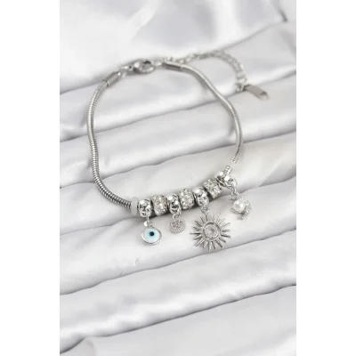 BUĞZ Pirinç Gümüş Renk Güneş Charmlı Kadın Bileklik